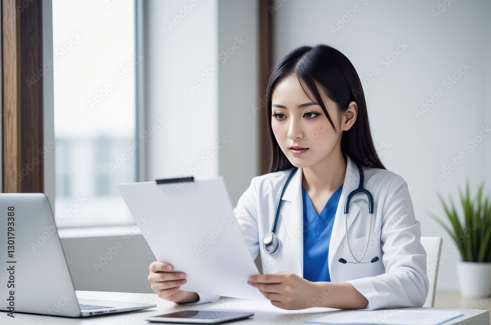 Focused Asian Female Doctor Reviewing Patient Medical Records in Modern Office Focused Asian Female Doctor Reviewing Patient Medical Records in Modern Office