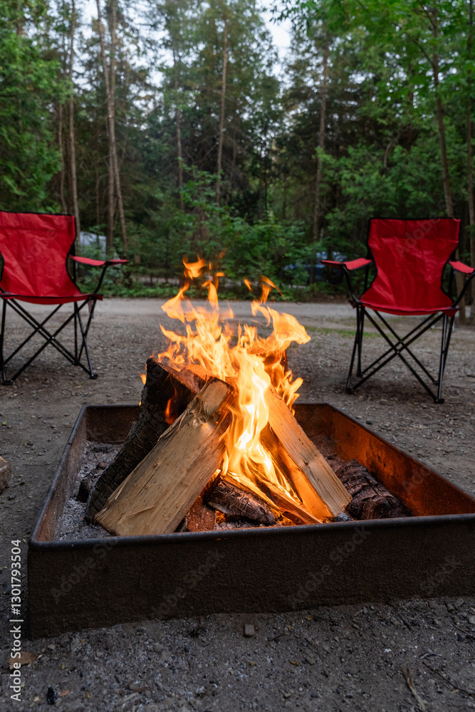 Glowing bonfire in the center of a campsite, surrounded by chairs, symbolizing togetherness and outdoor living. Glowing bonfire in the center of a campsite, surrounded by chairs, symbolizing togetherness and outdoor living.