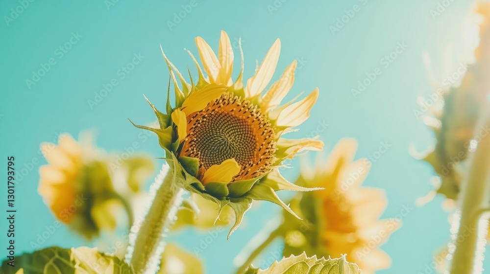 Naklejka premium Sunny Sunflower Field Bloom Closeup, Summer Sky
