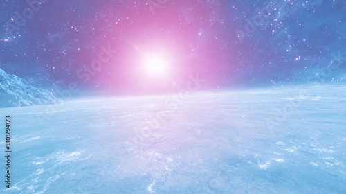 Pink And Blue Extraterrestrial Planet Landscape With Glowing Stars