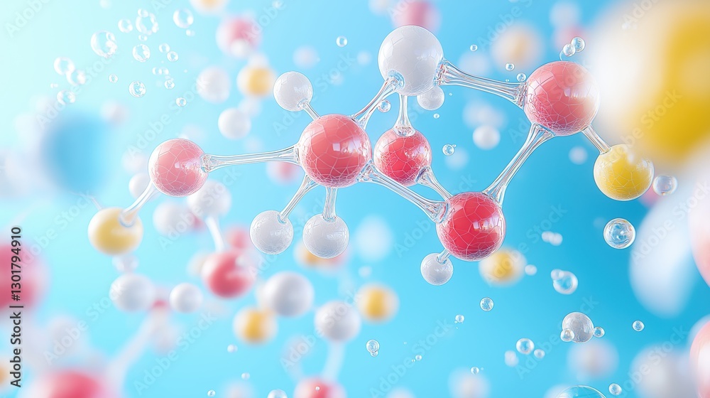 Vibrant molecular structure with colorful atoms and bubbles on a soft blue background, representing chemistry and scientific discovery Vibrant molecular structure with colorful atoms and bubbles on a soft blue background, representing chemistry and scientific discovery