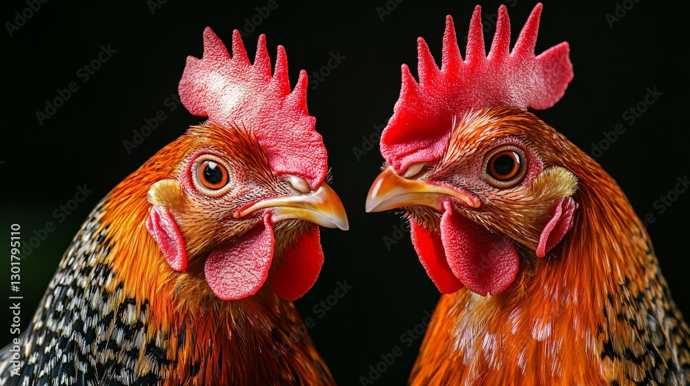 Fototapeta premium Vibrant Close-Up Portrait of Two Bantam Chickens - Perfect for Farm Animal Concepts and Agriculture Designs