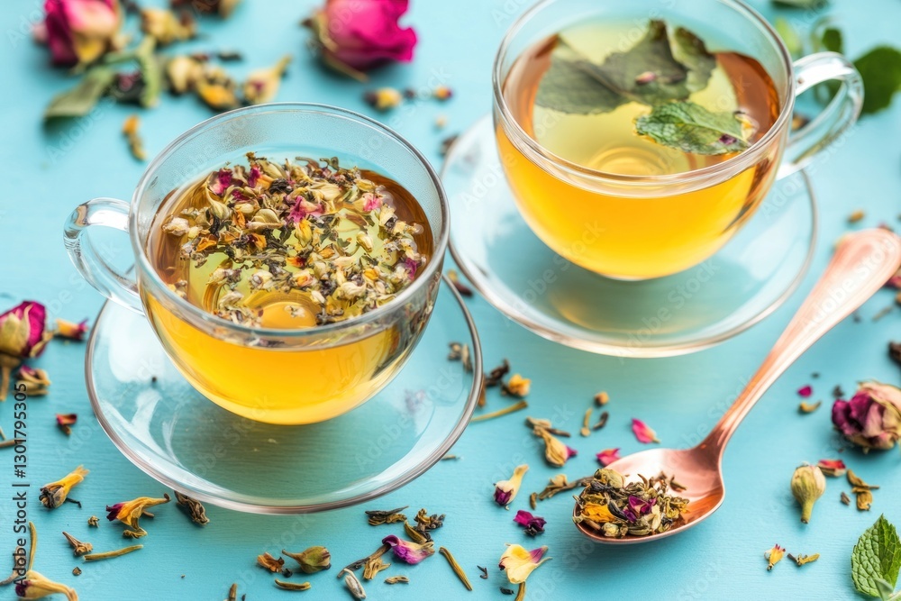 Two cups of herbal tea with dried flowers and mint leaves on a blue background. Two cups of herbal tea with dried flowers and mint leaves on a blue background.