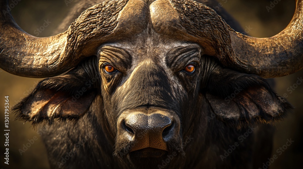 Naklejka premium Majestic Cape Buffalo Close-up Portrait for Wildlife Photography and Conservation Concepts