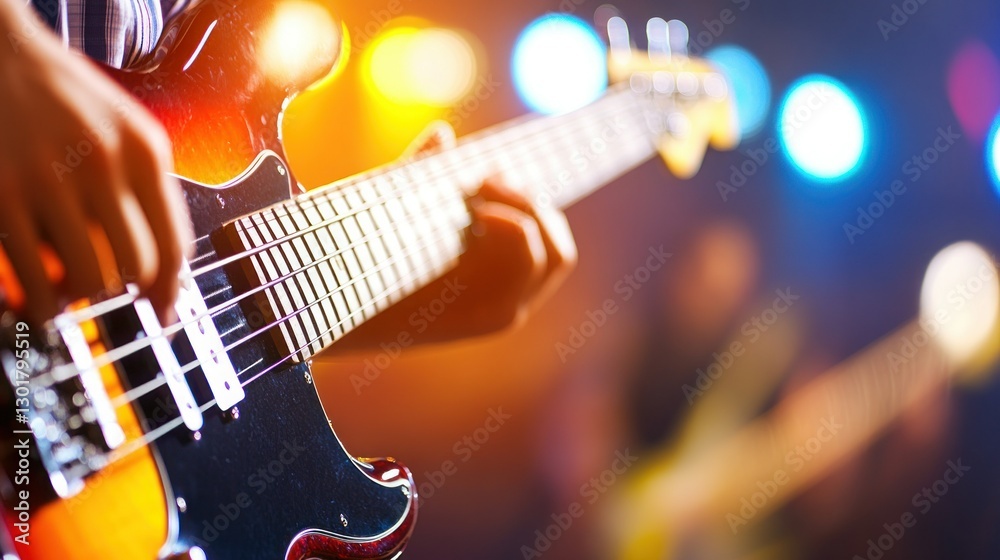 Obraz premium Bassist playing on stage, concert lights, music performance
