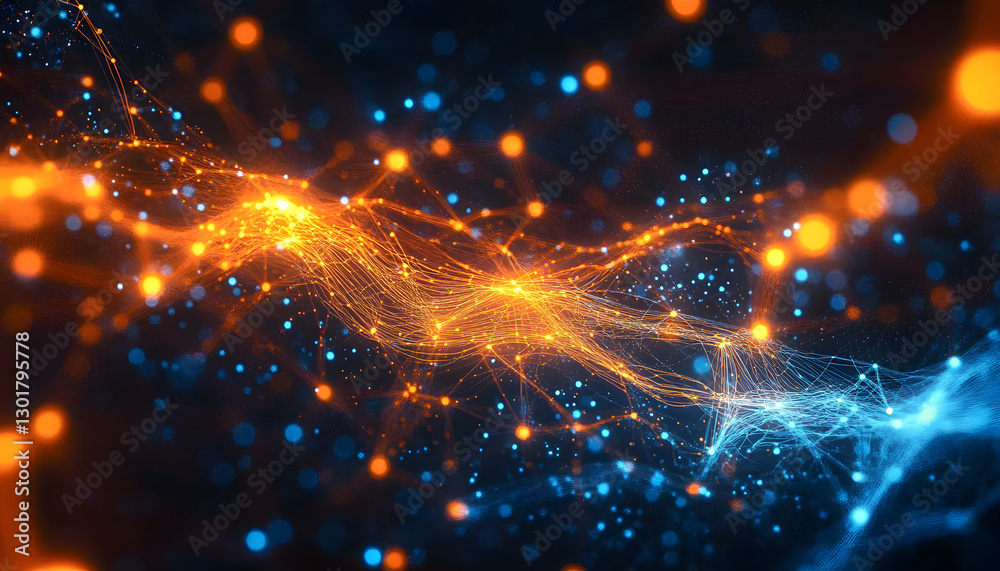Obraz premium Abstract tech network data connections with orange, blue glowing dots, lines. Artificial intelligence neural network, machine learning, cloud computing concept. Digital transformation strategies,