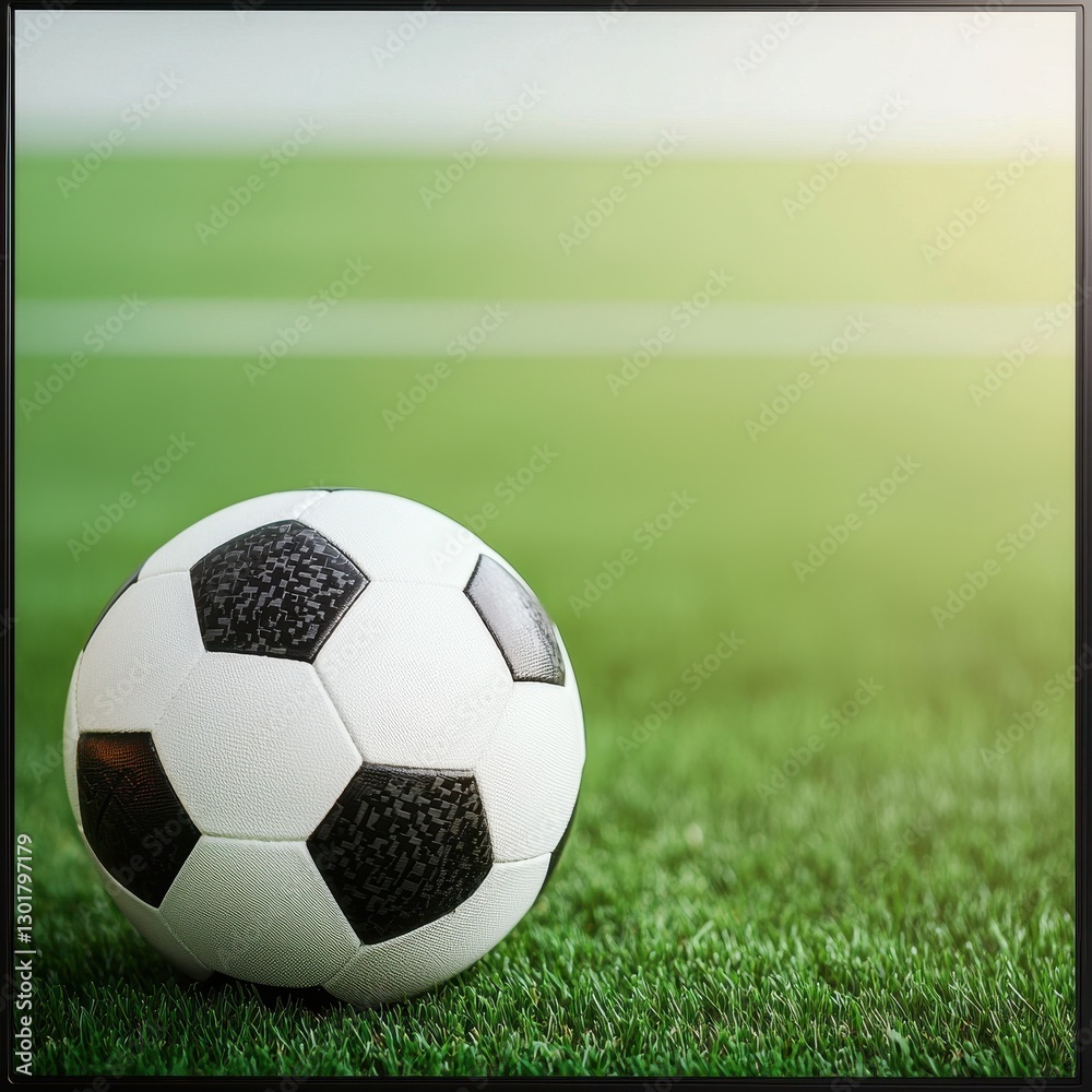 Fototapeta premium Soccer Ball on Green Grass Field Ready for a Game Day