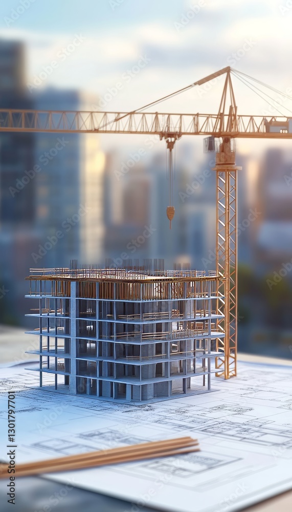 3d render of a construction site with building blueprint, structural model, and blurred cityscape. 3d render of a construction site with building blueprint, structural model, and blurred cityscape.