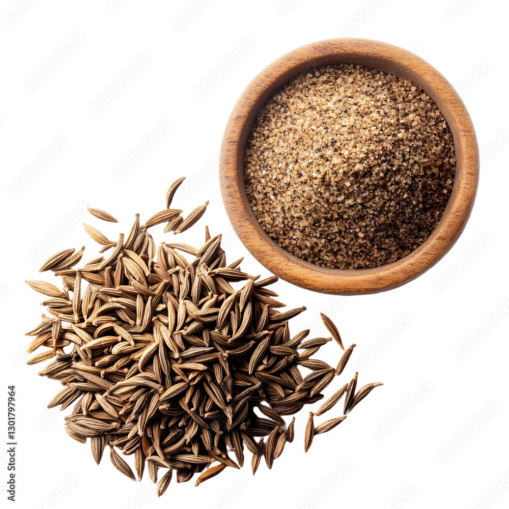 Aromatic Caraway Seeds and Ground Caraway Spice in Wooden Bowl Overhead Shot Aromatic Caraway Seeds and Ground Caraway Spice in Wooden Bowl Overhead Shot