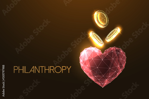 Polygonal heart with glowing gold coins. Philanthropy and financial generosity concept. CSR