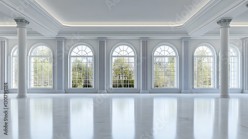Grand Ballroom 3D Render: Elegant Interior Design with Arched Windows AI Generated