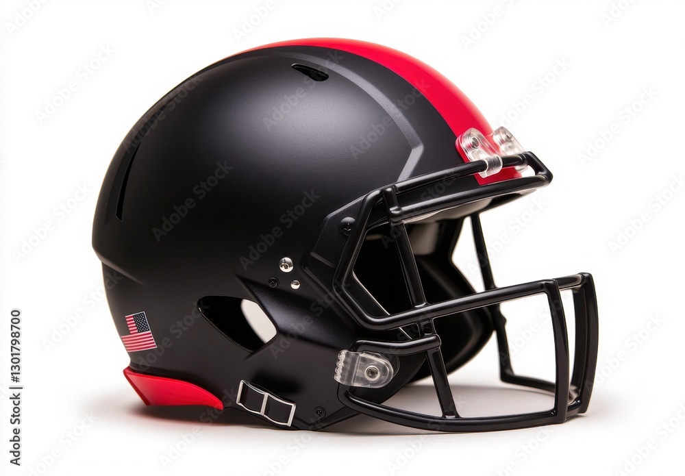 Fototapeta premium Glossy Black Football Helmet with Red Stripe and American Flag Decal