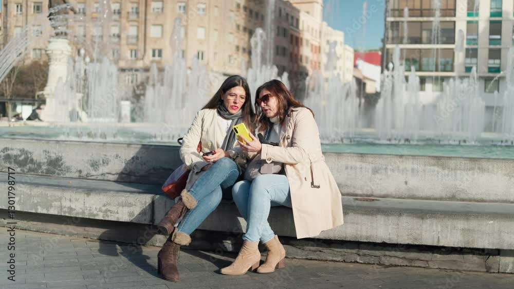 Two smiling women using smartphone near fountain in city square Two smiling women using smartphone near fountain in city square