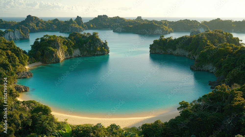 Obraz premium Tropical islands surround bay with sandy beach, trees, and horizon backdrop