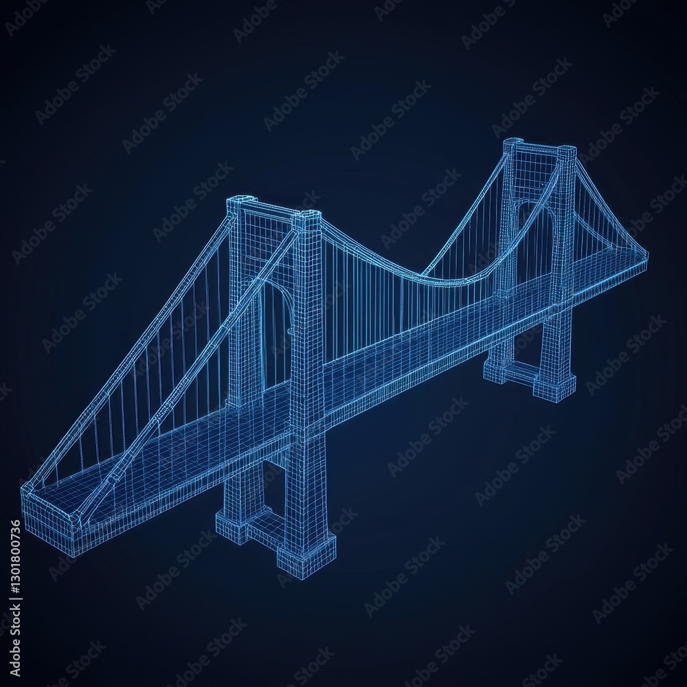 Obraz premium Wireframe Model of Iconic Suspension Bridge in 3D Visualization