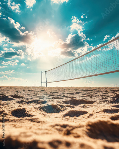 serene beach scene featuring volleyball net against vibrant sky, with soft sand in foreground and clouds illuminated by sunlight