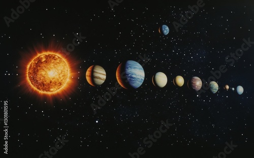 A stunning visual of the solar system featuring the sun and planets against a dark backdrop