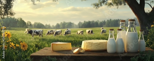 Fresh Dairy Products Surrounded by Green Pasture with Grazing Cows and Vibrant Wildflowers Under a Clear Blue Sky photo