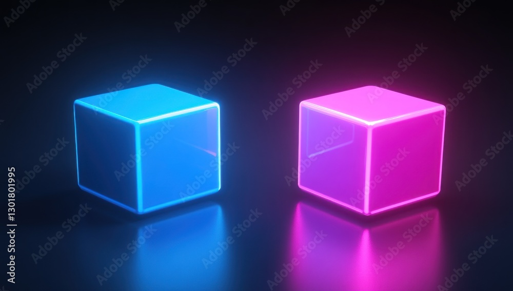 Fototapeta premium Two glowing neon cubes, blue and pink, reflecting on dark surface.