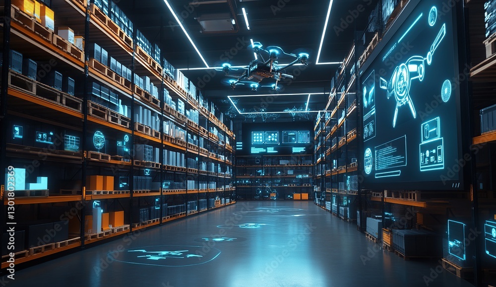 Futuristic Warehouse Interior with Drone and Digital Displays Futuristic Warehouse Interior with Drone and Digital Displays