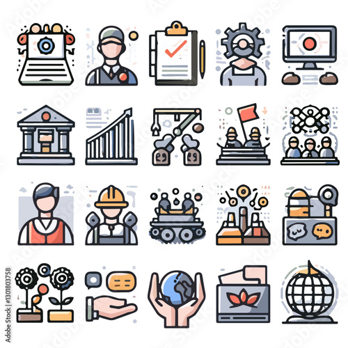 Comprehensive icons for International Work’s Day showcasing workers, industry, and organizational symbols on a white background