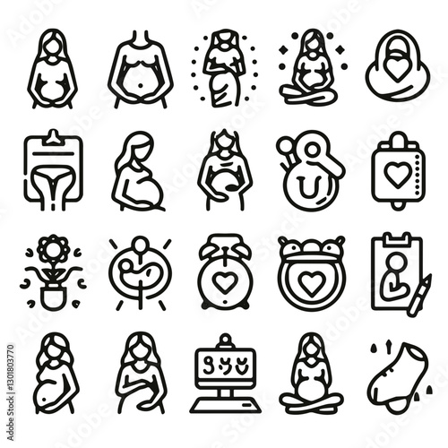 Collection of pregnant woman outlines and related icons representing maternity and care on a white background 