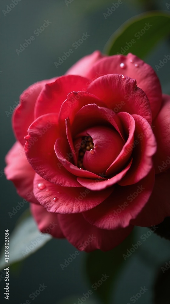 Professional Close-up of a Vibrant Red Camellia Flower with Droplets of Moisture on Petals, Softly Blurred Background of Forest Greens and Charcoal Grays, Timeless Elegance. Professional Close-up of a Vibrant Red Camellia Flower with Droplets of Moisture on Petals, Softly Blurred Background of Forest Greens and Charcoal Grays, Timeless Elegance.