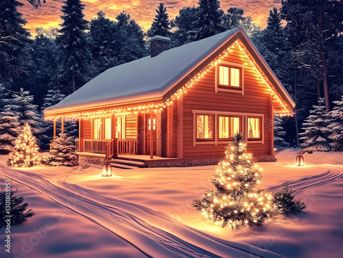 3D Illustration Cozy Cabin Winter Wonderland Christmas Lights Snow