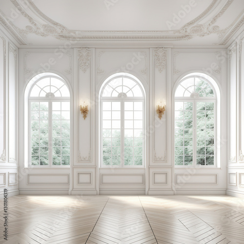 Elegant white interior with large arched windows, natural light, and detailed moldings, creating serene atmosphere. Perfect for photography or design inspiration