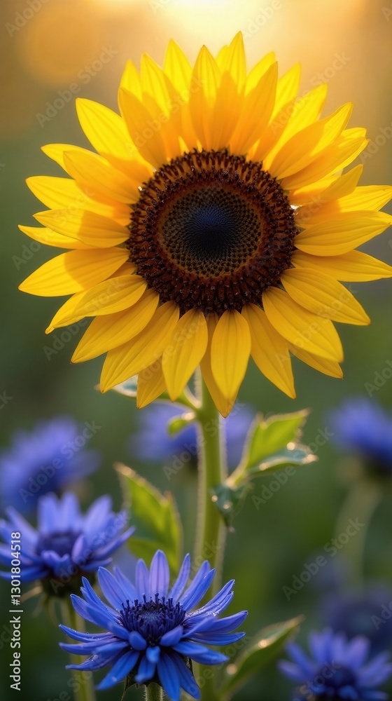 Obraz premium Vibrant Sunflower and Cornflowers: A Close-Up Photograph of Nature's Color Contrast with Blurred Background, Emphasizing Radiant Yellow and Deep Blue Hues.