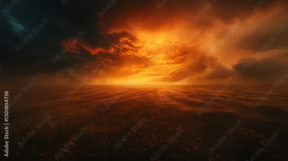 Fototapeta premium Dramatic Sunset over Wheat Field with Stormy Weather and Awe-Inspiring Sky - Ideal for Nature Backgrounds and Inspirational Projects