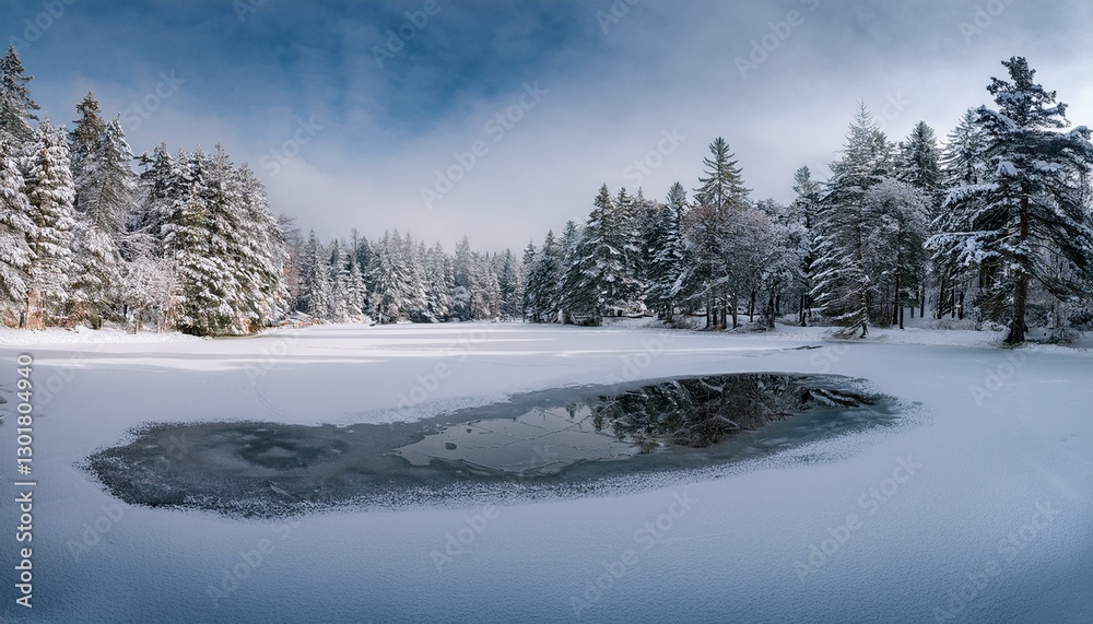 a serene snowy landscape with a frozen pond and towering evergreen trees in the background tranquil icy a serene snowy landscape with a frozen pond and towering evergreen trees in the background tranquil icy
