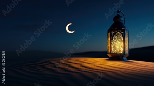 ramadan lantern with crescent moon on desert sand spiritual atmosphere.