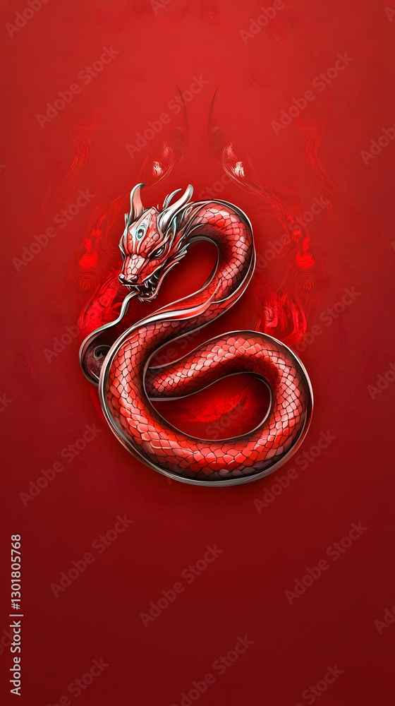 Obraz premium Illustration Red Dragon, Fantasy, Mythical Creature, Red Background