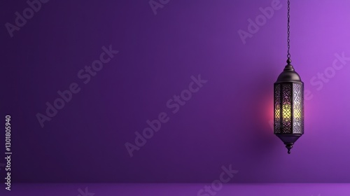 traditional moroccan lantern against purple wall with copy space