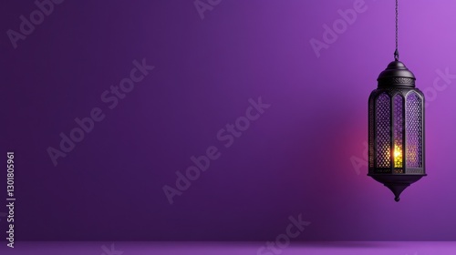 black moroccan lantern with glowing light against purple background
