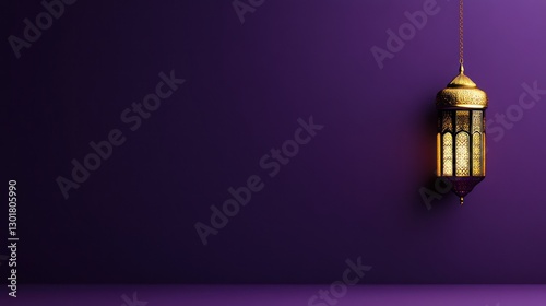 golden ramadan lantern on purple background with copy space.