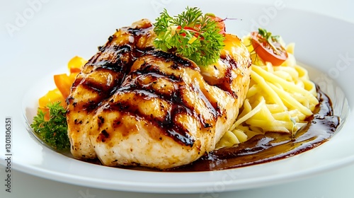Grilled Fish with Pasta and Vegetables on White Plate photo