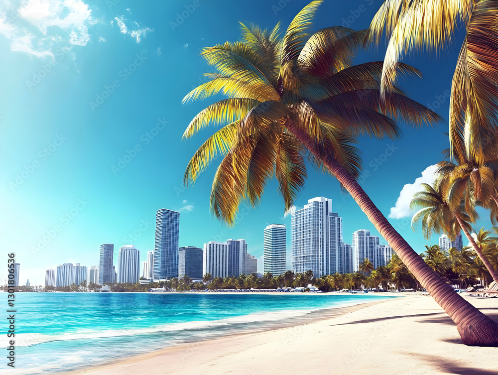 Obraz premium 3D Illustration Tropical Beach, Palm Trees, Ocean, Cityscape, Sky