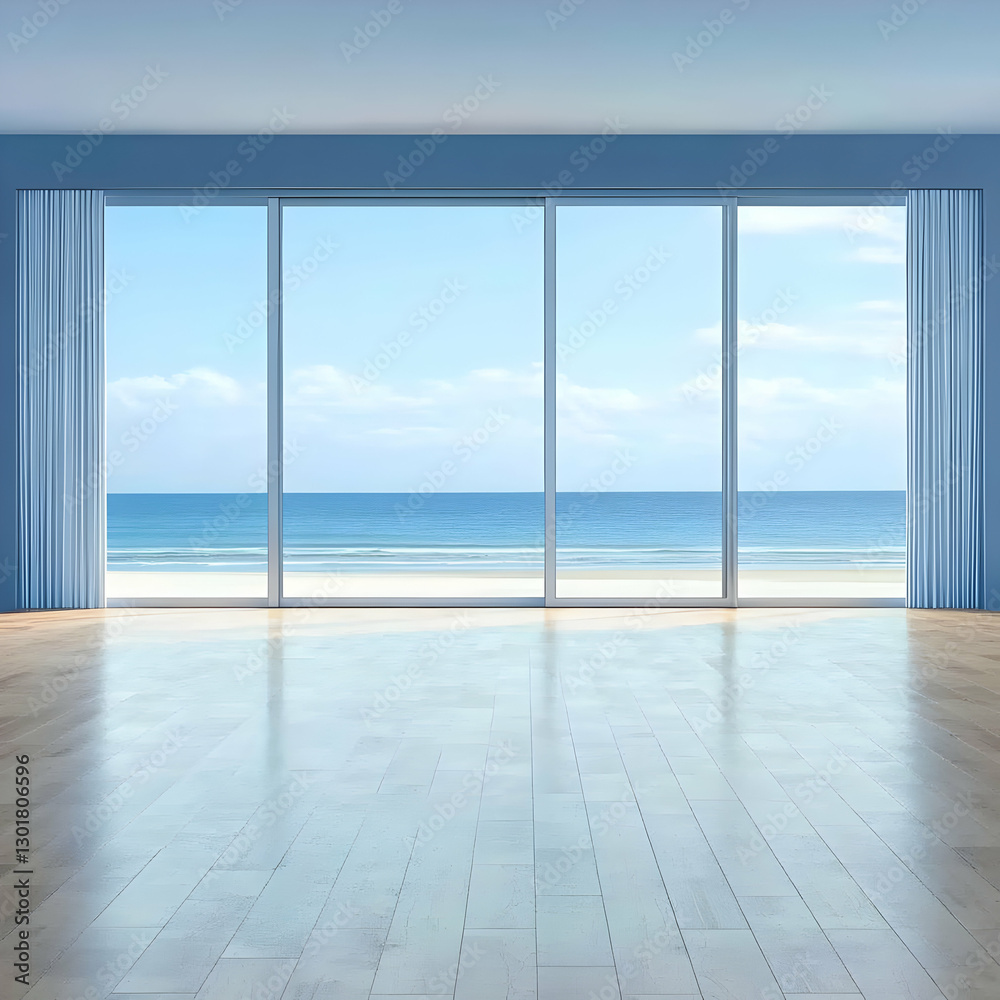 Fototapeta premium 3D Illustration Empty Room Beach View Ocean Sky Clouds Curtains Wood Floor