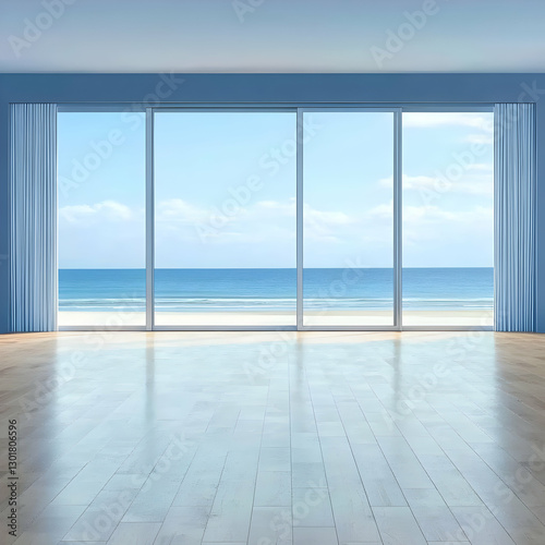 3D Illustration Empty Room Beach View Ocean Sky Clouds Curtains Wood Floor