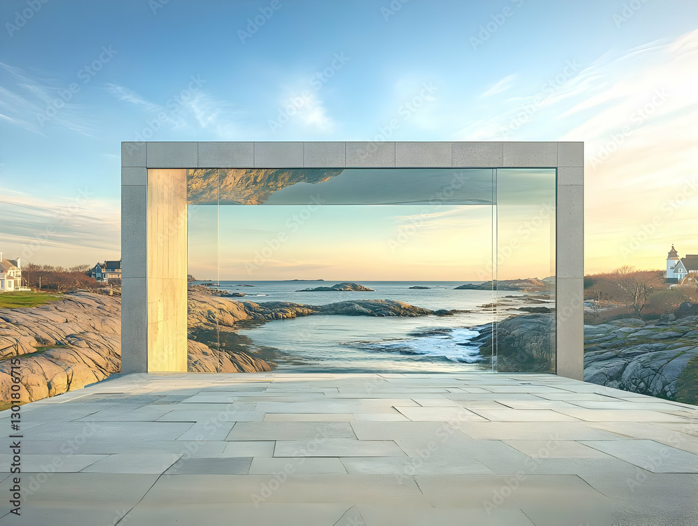 Fototapeta premium Photo Coastal Mirror Art Installation Ocean View Sunset Sky Clouds Rocks Architecture