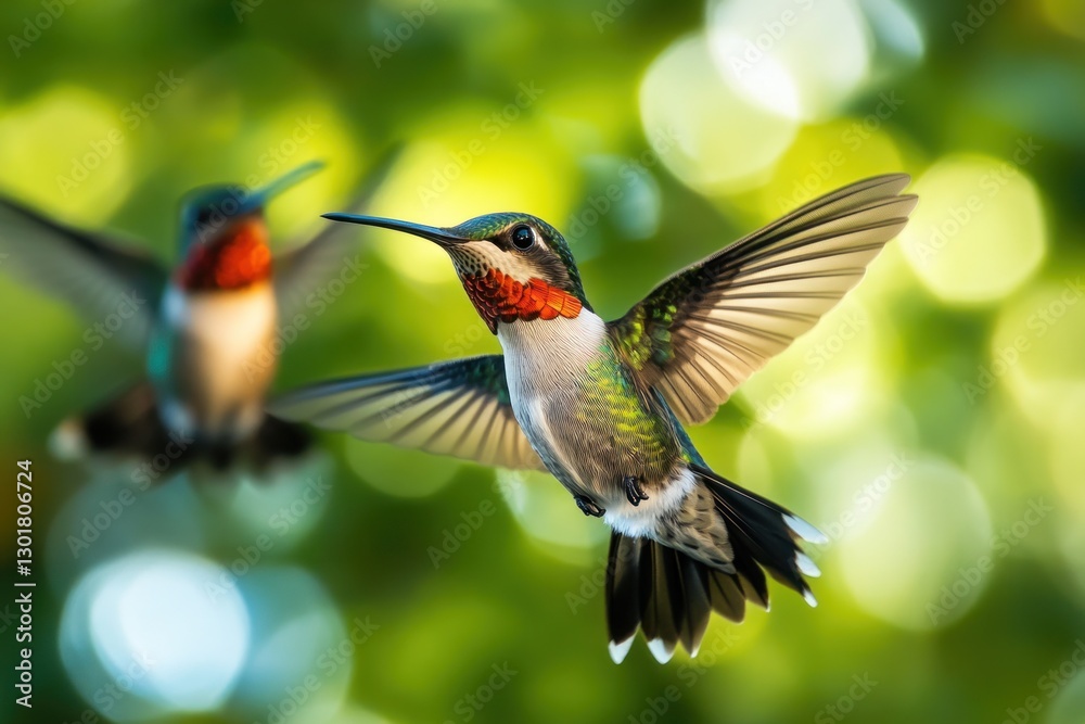 Naklejka premium Two hummingbirds in flight, blurred green background.