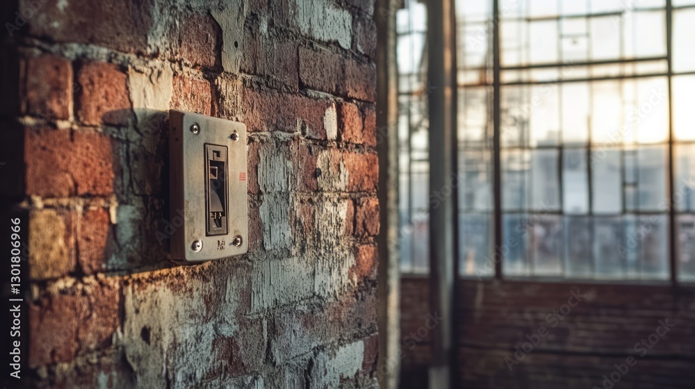 Industrial building switch, brick wall, sunset window, urban decay, power Industrial building switch, brick wall, sunset window, urban decay, power