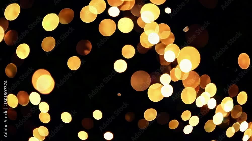Golden bokeh lights on a dark background, abstract festive design. Party mood concept