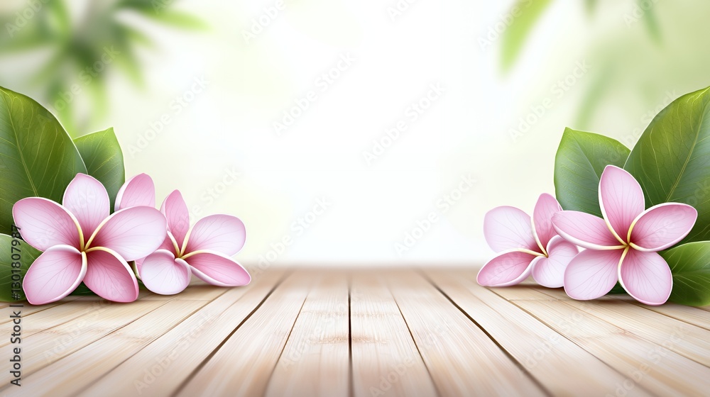 Pink Plumeria Flowers on Wooden Surface with Blurred Green Background Pink Plumeria Flowers on Wooden Surface with Blurred Green Background