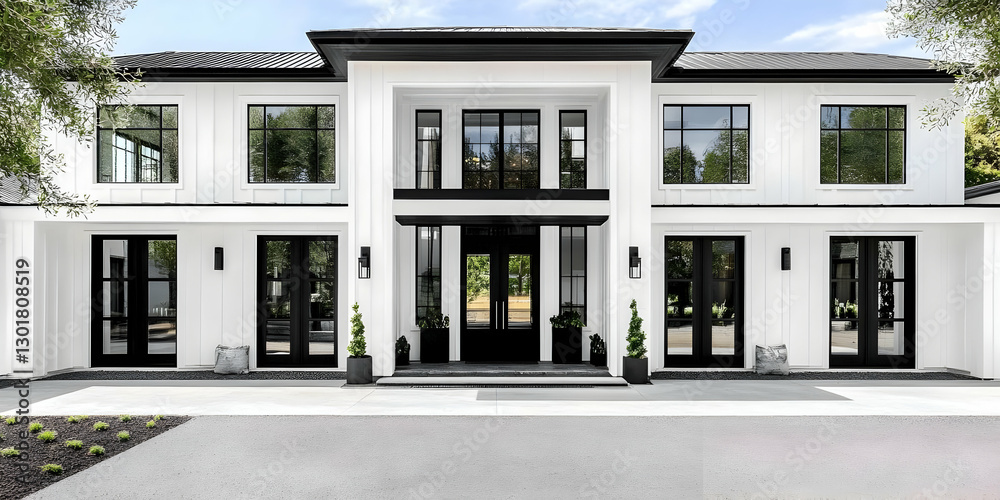 Photo Modern White House Black Trim Exterior Design Home Architecture Real Estate Photo Modern White House Black Trim Exterior Design Home Architecture Real Estate