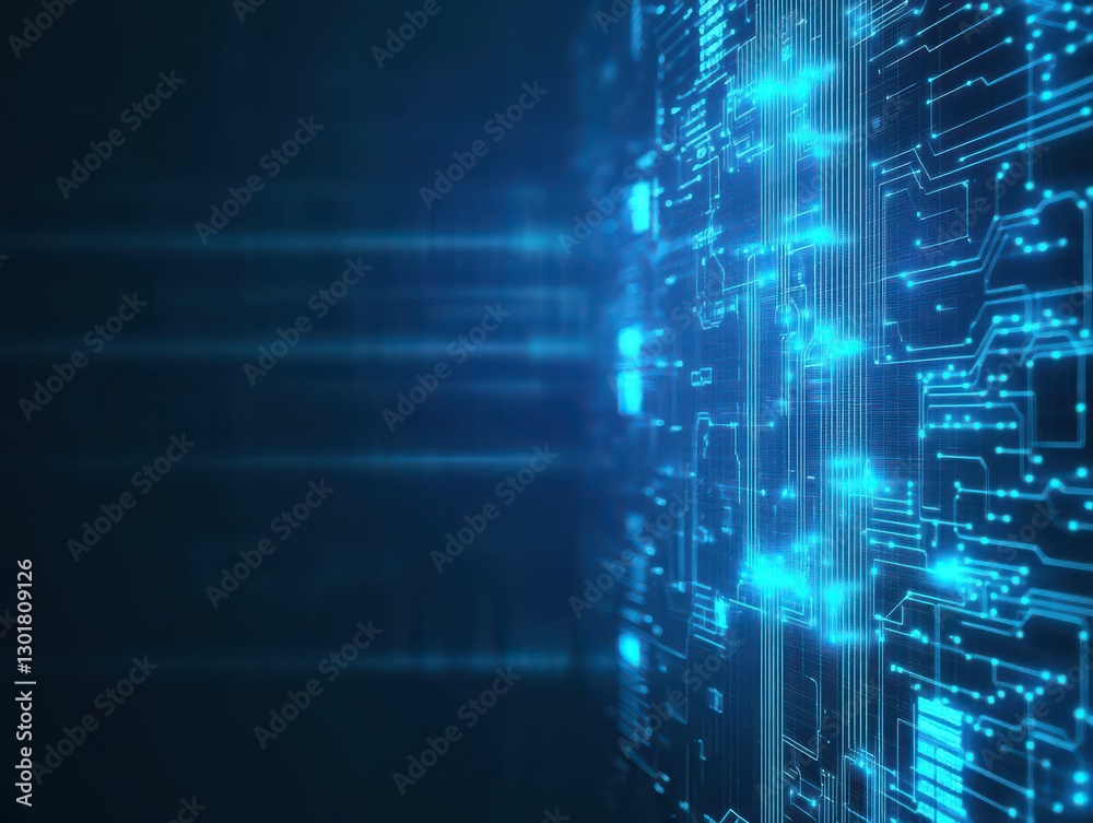 Illuminated Circuit Board with Vibrant Blue Lights and Intricate Electronic Pathways Depicting Modern Technology and Innovation in a Futuristic Setting Illuminated Circuit Board with Vibrant Blue Lights and Intricate Electronic Pathways Depicting Modern Technology and Innovation in a Futuristic Setting
