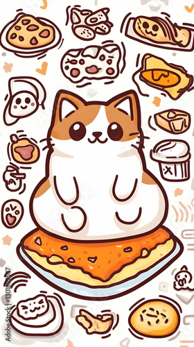 Illustration Cute Cat Foodi...