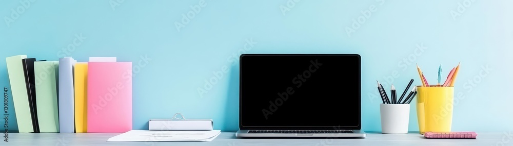 Sleek Modern Laptop Computer on Stylish Wooden Desk Surrounded by Office Supplies Creating a Productive and Professional Work Environment Scene Sleek Modern Laptop Computer on Stylish Wooden Desk Surrounded by Office Supplies Creating a Productive and Professional Work Environment Scene